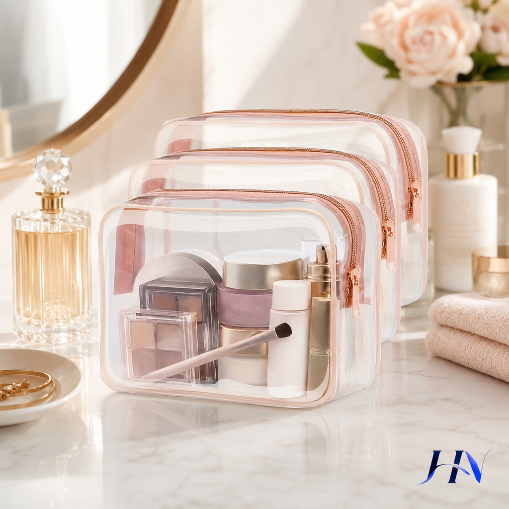 Kit 3 Nécessaires Transparentes Organizadoras com Borda Colorida para Viagem e Maquiagem