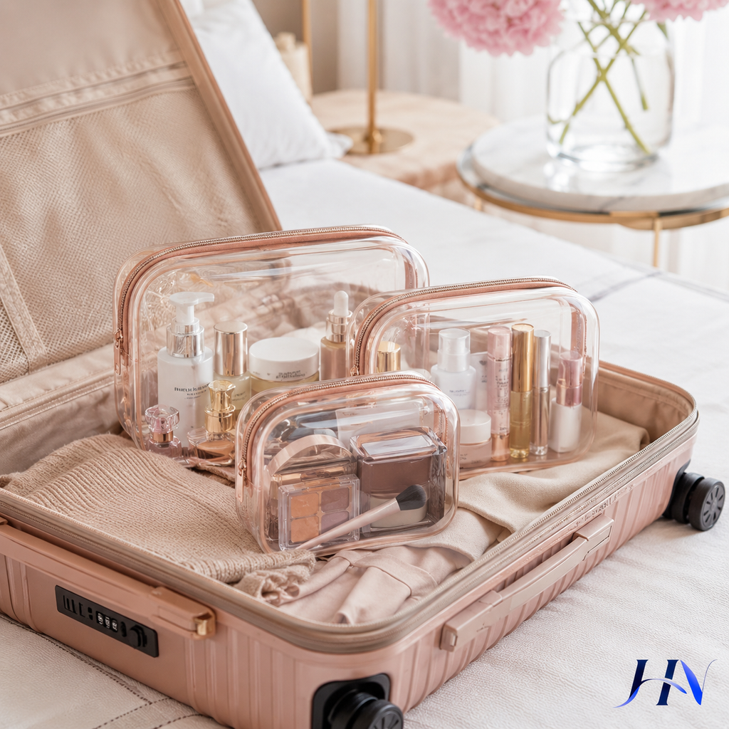 Kit 3 Nécessaires Transparentes Organizadoras com Borda Colorida para Viagem e Maquiagem