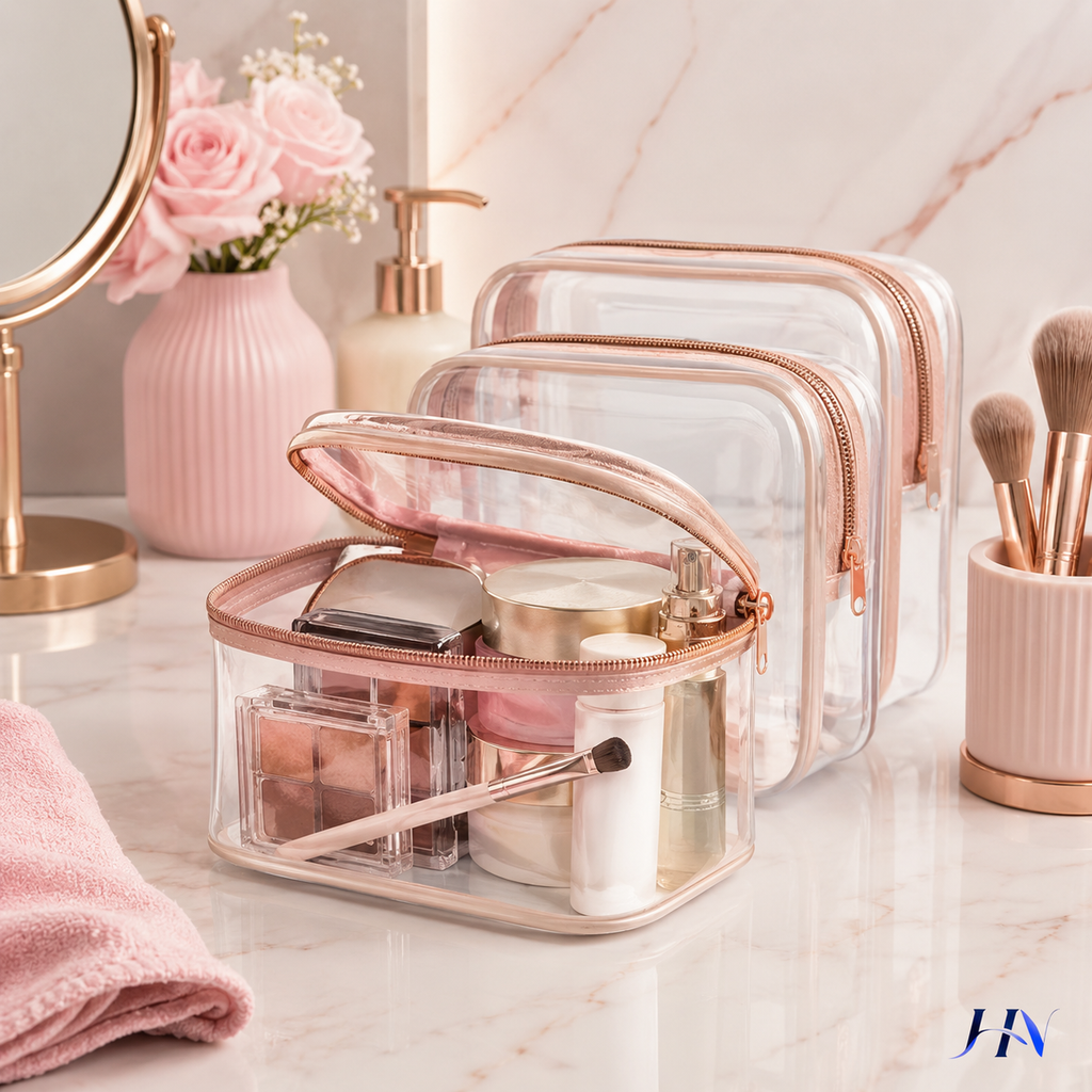 Kit 3 Nécessaires Transparentes Organizadoras com Borda Colorida para Viagem e Maquiagem