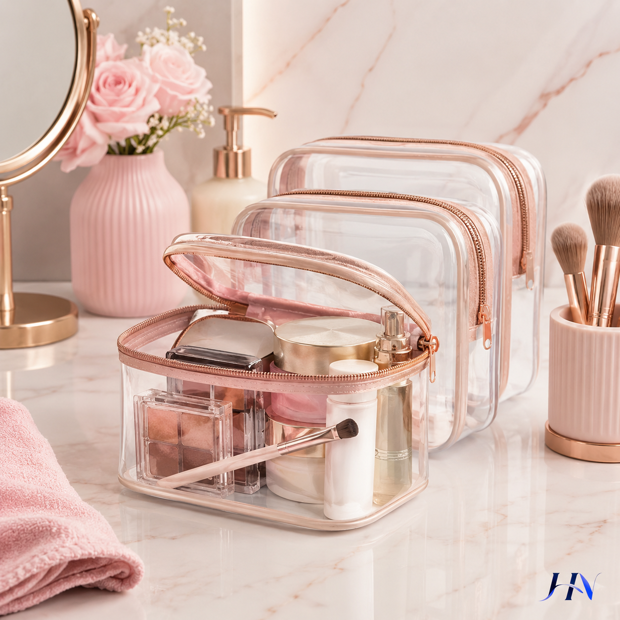 Kit 3 Nécessaires Transparentes Organizadoras com Borda Colorida para Viagem e Maquiagem