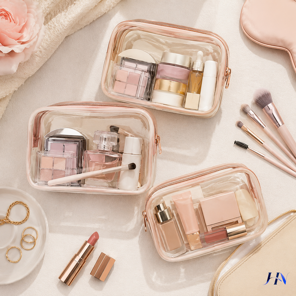 Kit 3 Nécessaires Transparentes Organizadoras com Borda Colorida para Viagem e Maquiagem