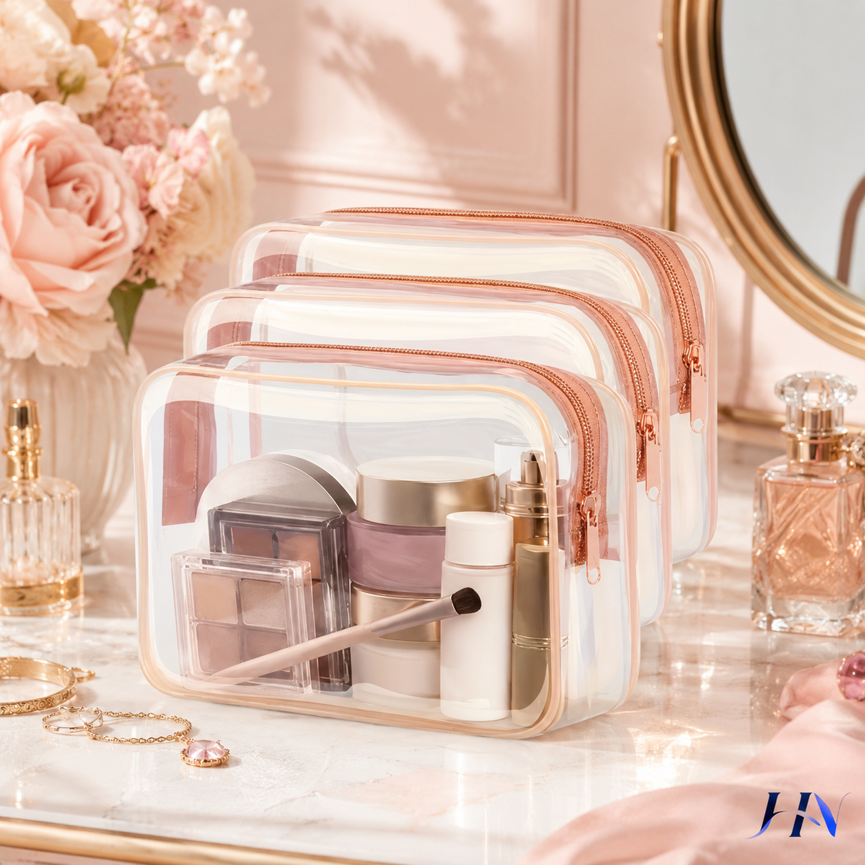 Kit 3 Nécessaires Transparentes Organizadoras com Borda Colorida para Viagem e Maquiagem