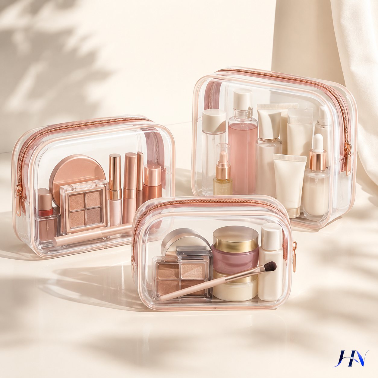 Kit 3 Nécessaires Transparentes Organizadoras com Borda Colorida para Viagem e Maquiagem