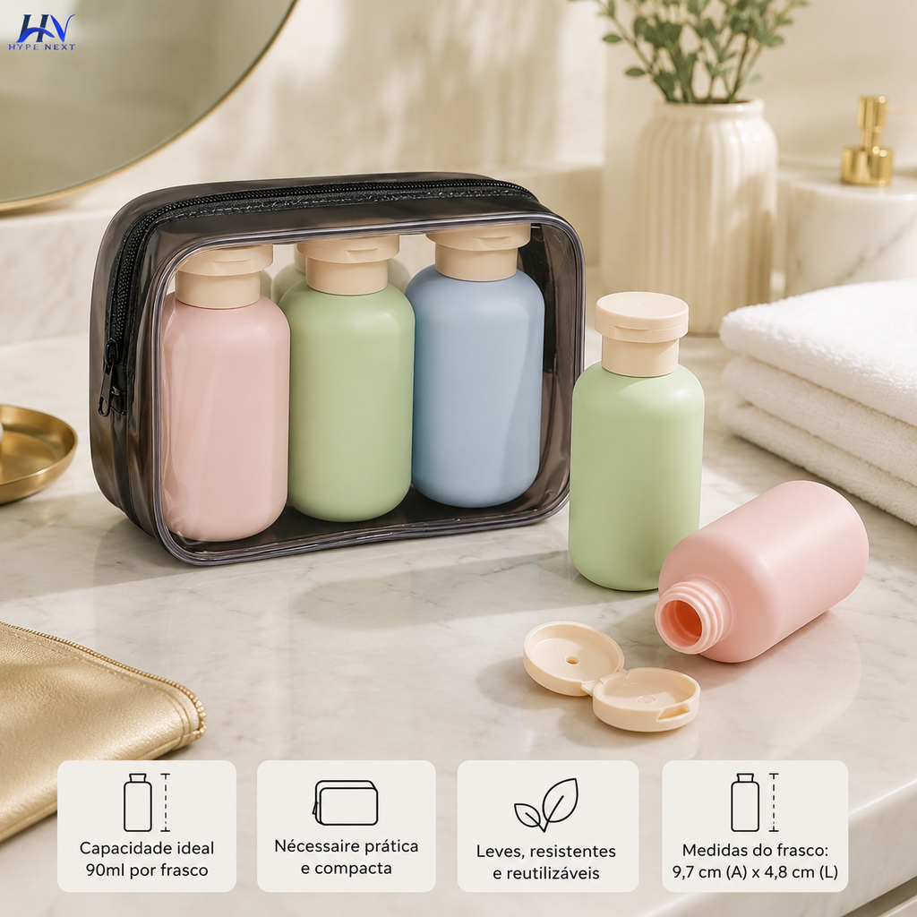 Kit 3 Frascos Portáteis para Viagem 100ml com Nécessaire Transparente