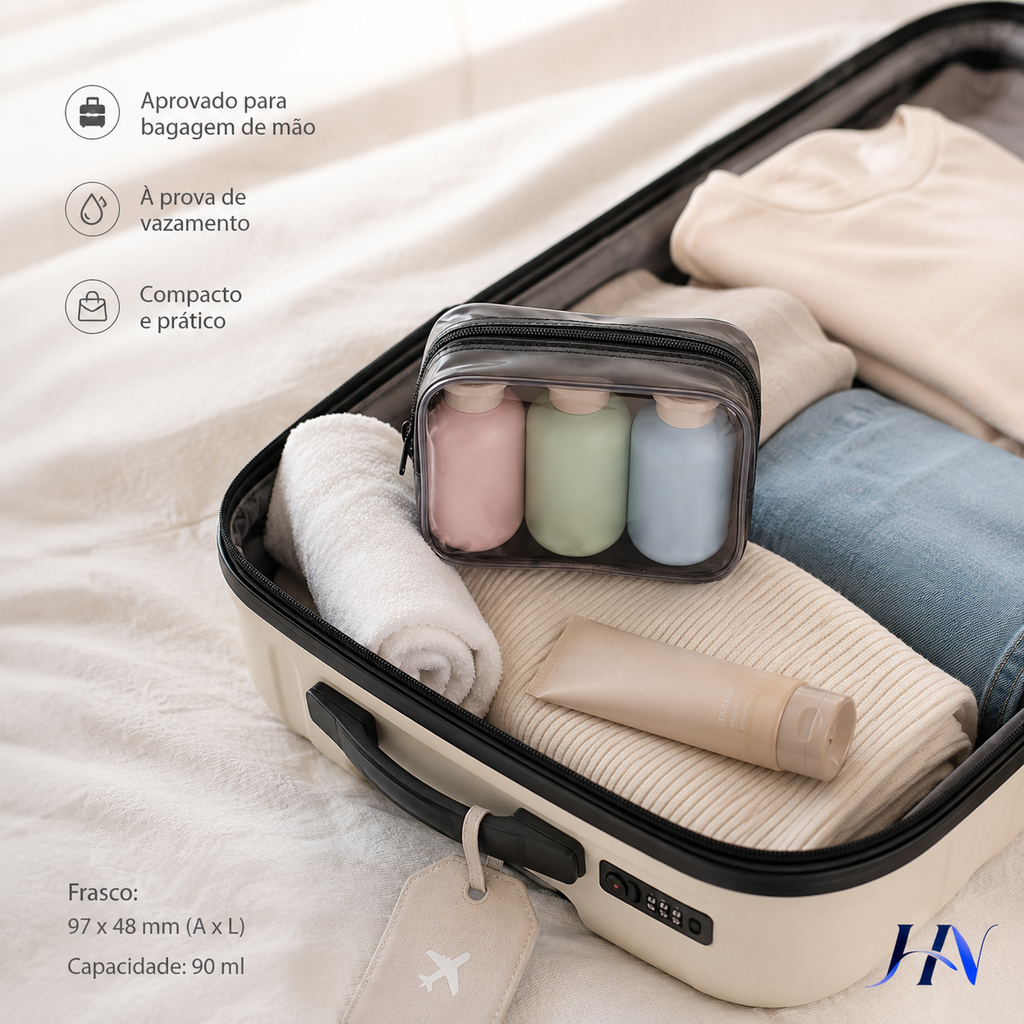 Kit 3 Frascos Portáteis para Viagem 100ml com Nécessaire Transparente