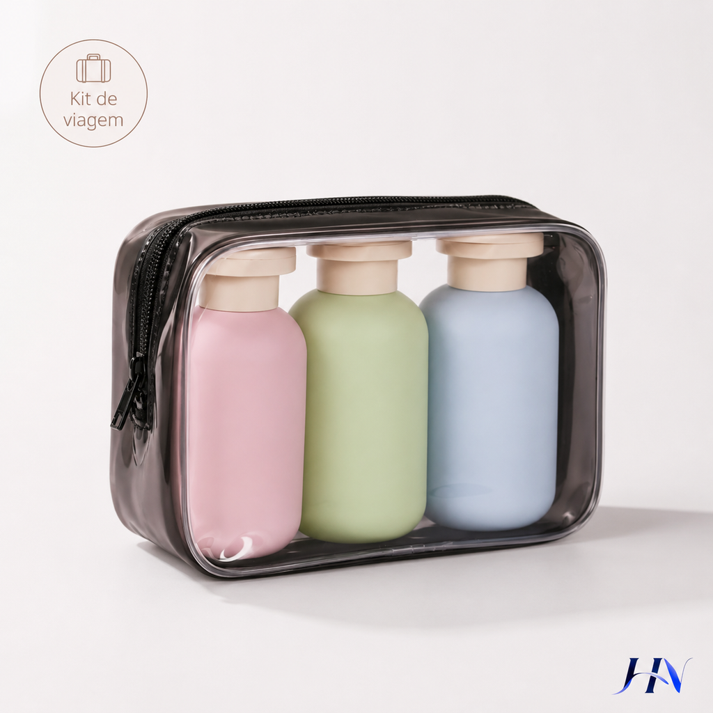 Kit 3 Frascos Portáteis para Viagem 100ml com Nécessaire Transparente