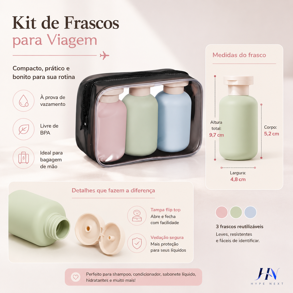 Kit 3 Frascos Portáteis para Viagem 100ml com Nécessaire Transparente