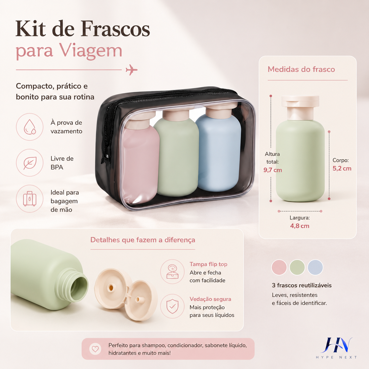 Kit 3 Frascos Portáteis para Viagem 100ml com Nécessaire Transparente