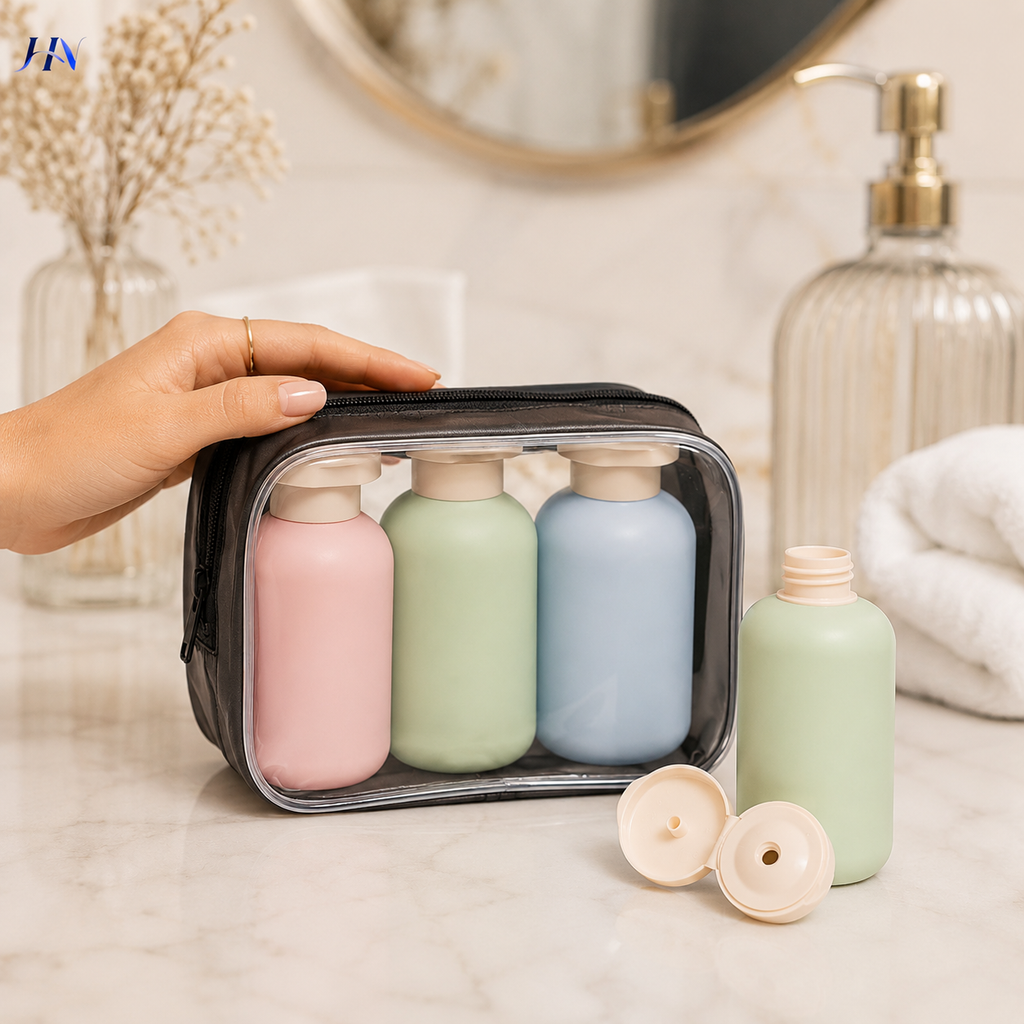 Kit 3 Frascos Portáteis para Viagem 100ml com Nécessaire Transparente