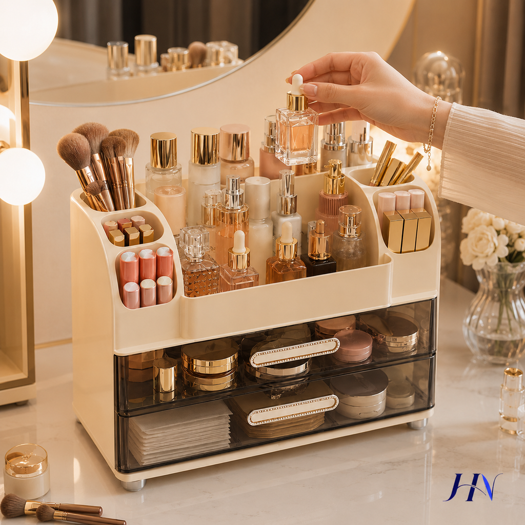 Organizador Premium de Penteadeira BeautyBox – Caixa de Maquiagens e Skincare de Luxo