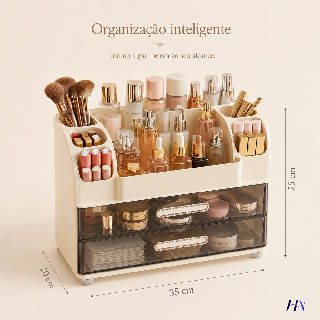 Organizador Premium de Penteadeira BeautyBox – Caixa de Maquiagens e Skincare de Luxo