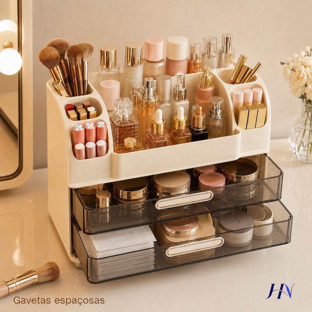 Organizador Premium de Penteadeira BeautyBox – Caixa de Maquiagens e Skincare de Luxo