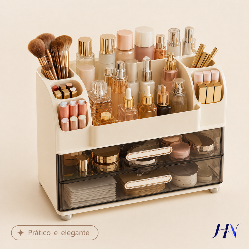 Organizador Premium de Penteadeira BeautyBox – Caixa de Maquiagens e Skincare de Luxo