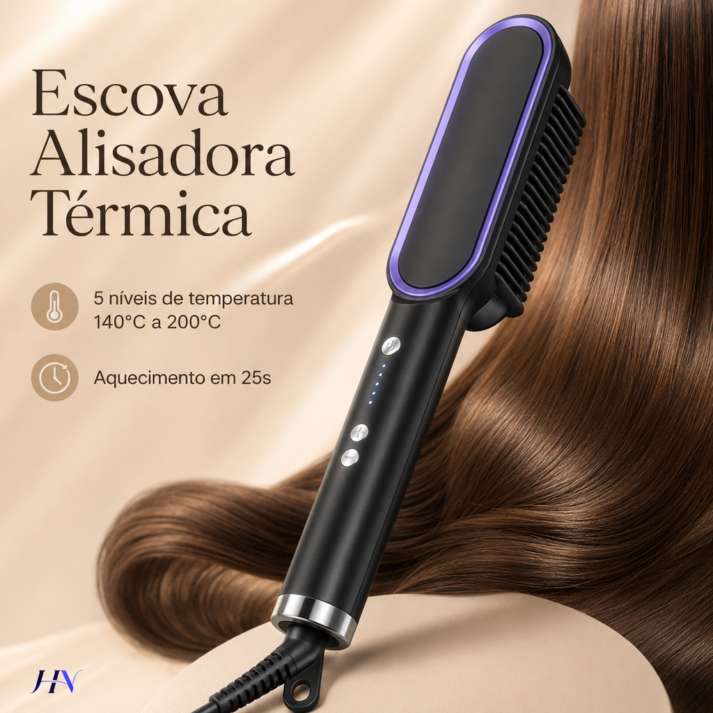 Escova Alisadora Térmica Profissional ThermoSmooth Pro – Cerâmica Turmalina com 5 Temperaturas