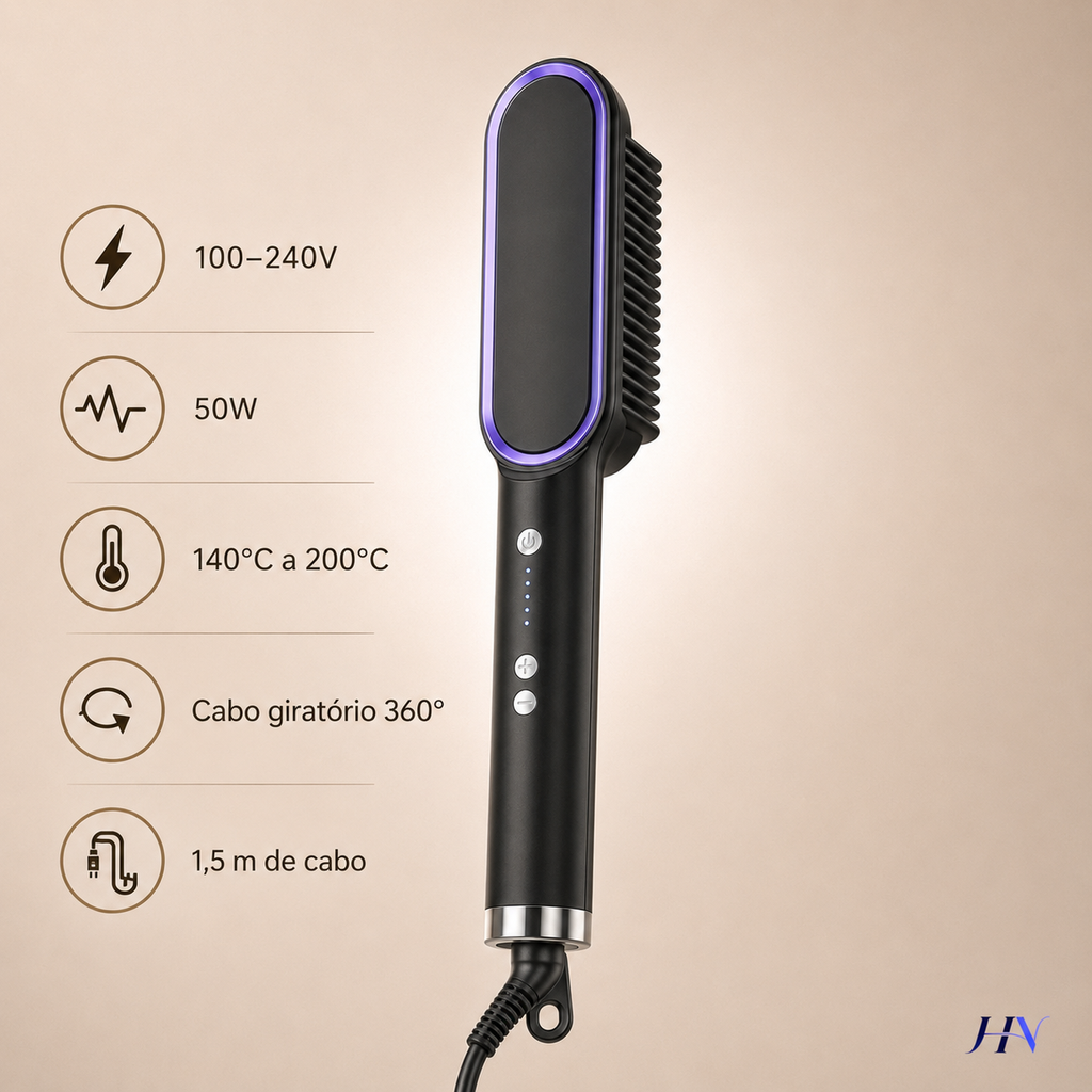 Escova Alisadora Térmica Profissional ThermoSmooth Pro – Cerâmica Turmalina com 5 Temperaturas