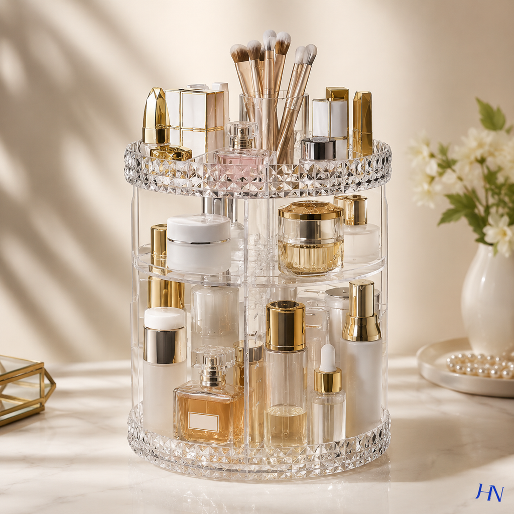 Organizador de Maquiagem Giratório 360° Premium Crystal Vanity – 3 Andares em Acrílico