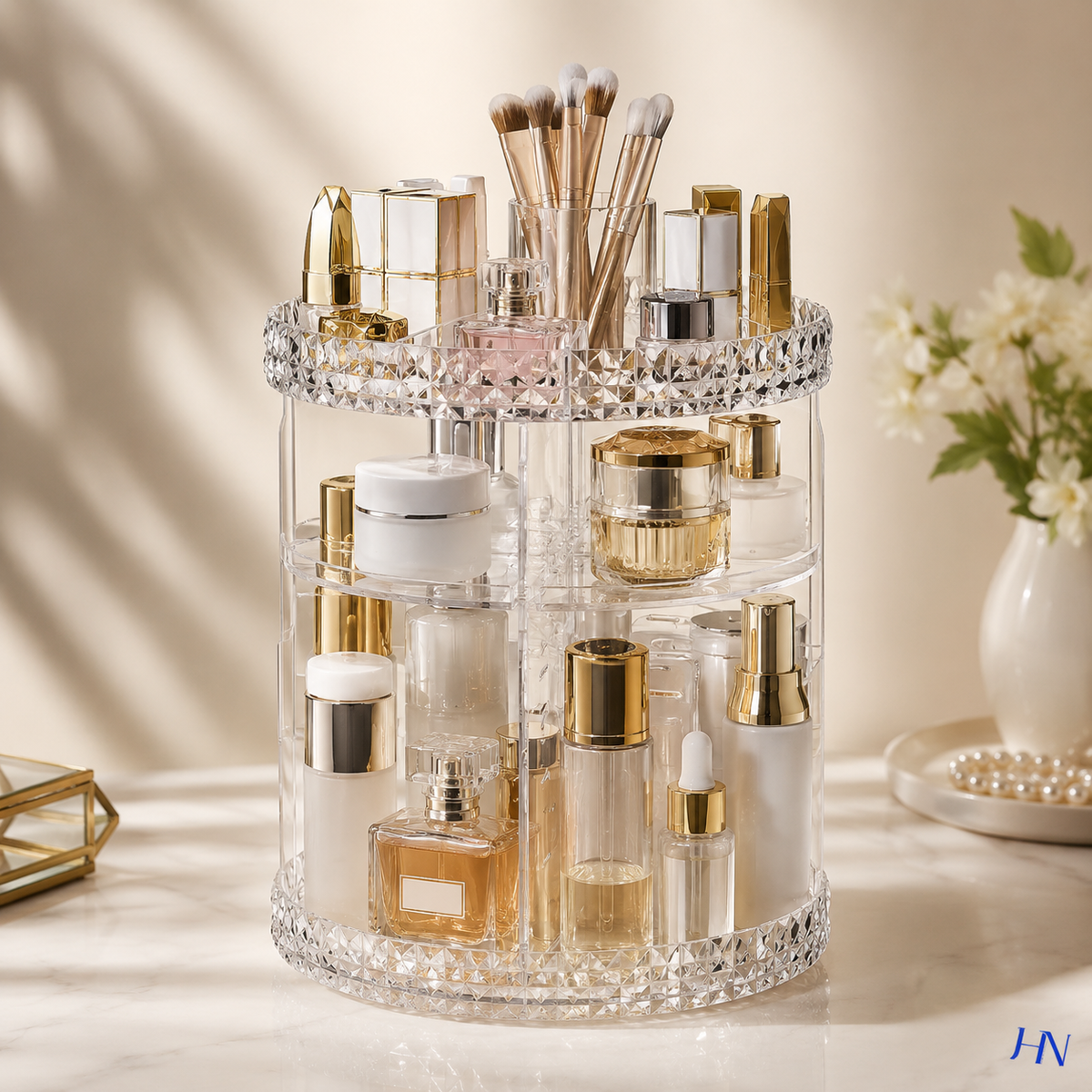 Organizador de Maquiagem Giratório 360° Premium Crystal Vanity – 3 Andares em Acrílico