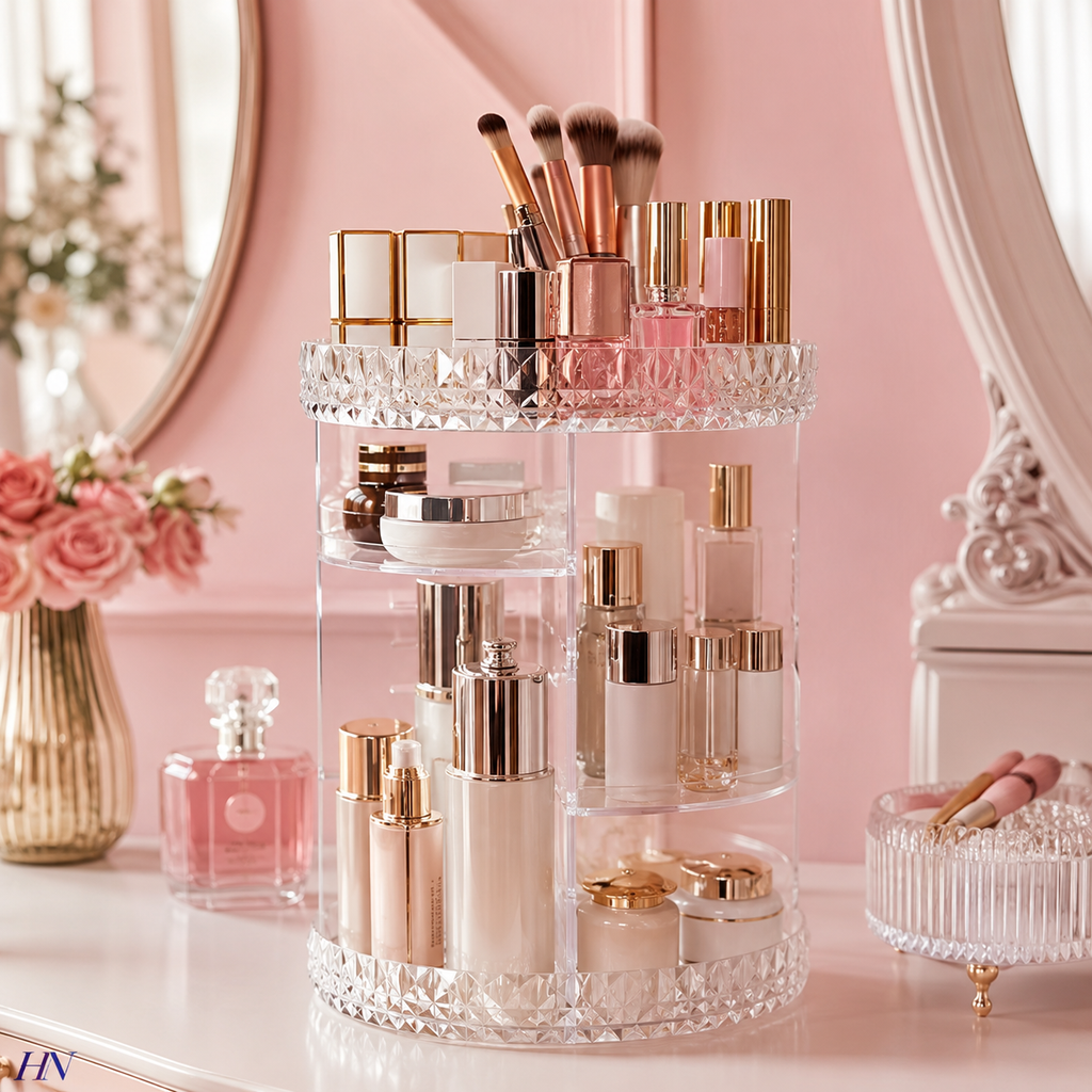 Organizador de Maquiagem Giratório 360° Premium Crystal Vanity – 3 Andares em Acrílico