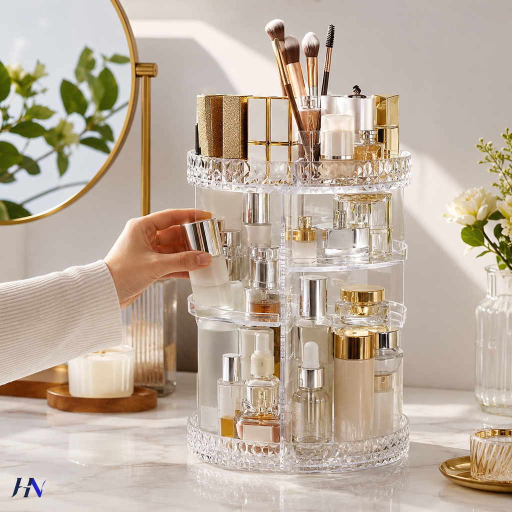 Organizador de Maquiagem Giratório 360° Premium Crystal Vanity – 3 Andares em Acrílico