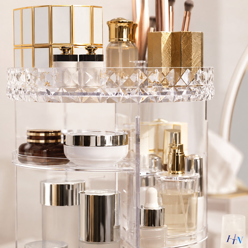 Organizador de Maquiagem Giratório 360° Premium Crystal Vanity – 3 Andares em Acrílico