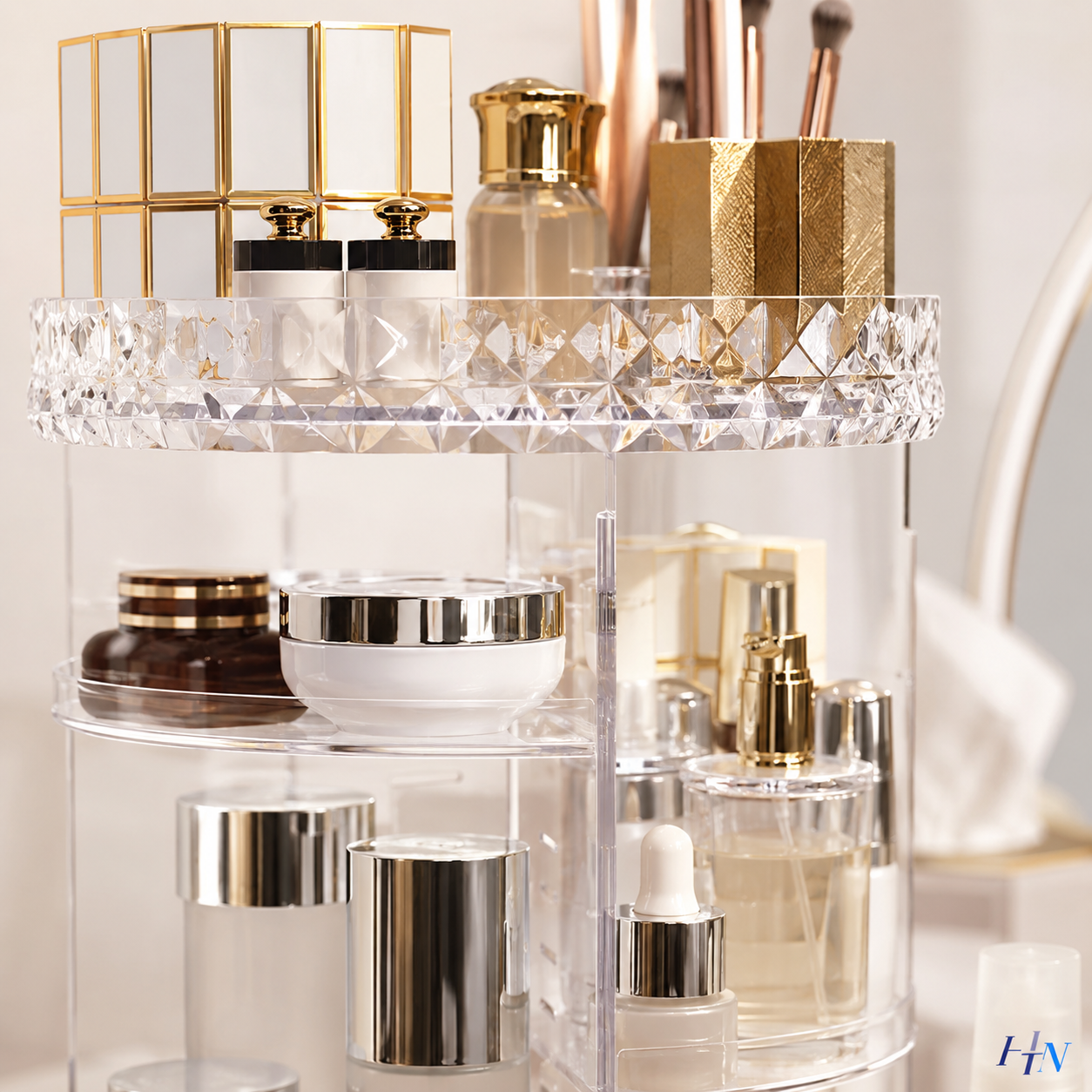 Organizador de Maquiagem Giratório 360° Premium Crystal Vanity – 3 Andares em Acrílico