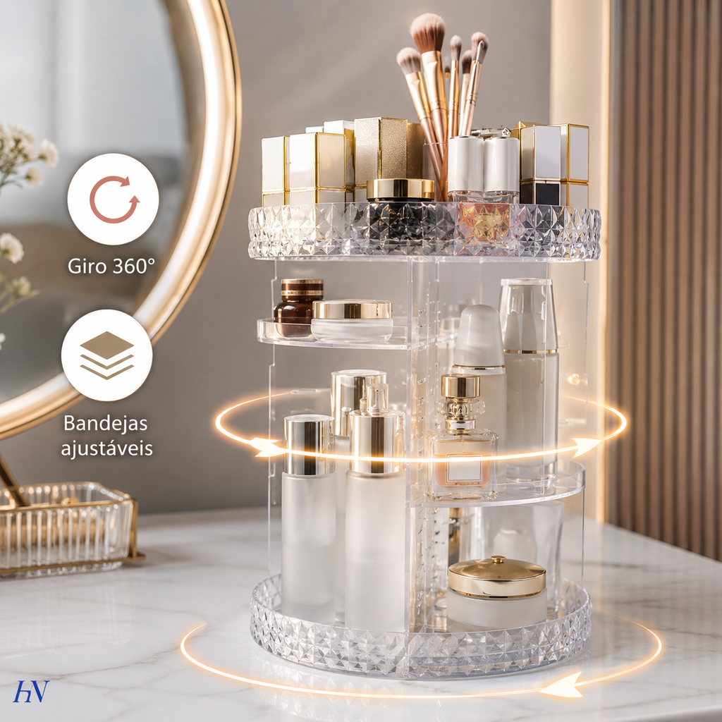 Organizador de Maquiagem Giratório 360° Premium Crystal Vanity – 3 Andares em Acrílico