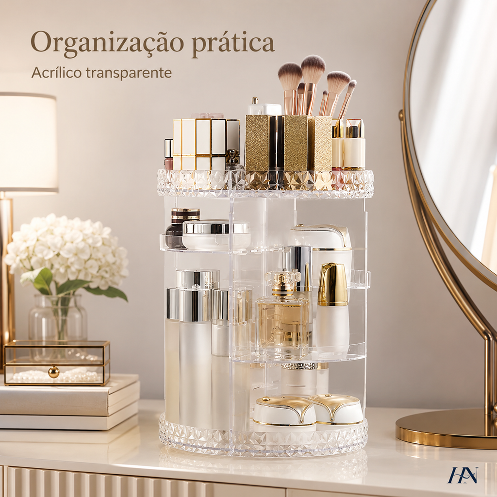 Organizador de Maquiagem Giratório 360° Premium Crystal Vanity – 3 Andares em Acrílico