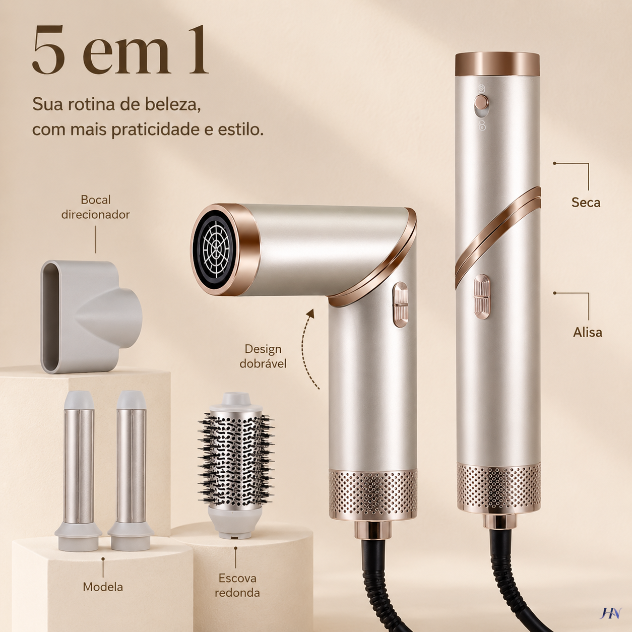 Secador Modelador 5 em 1 AirStyle Pro – Íons Negativos, Cabo Dobrável e Acessórios Multifuncionais