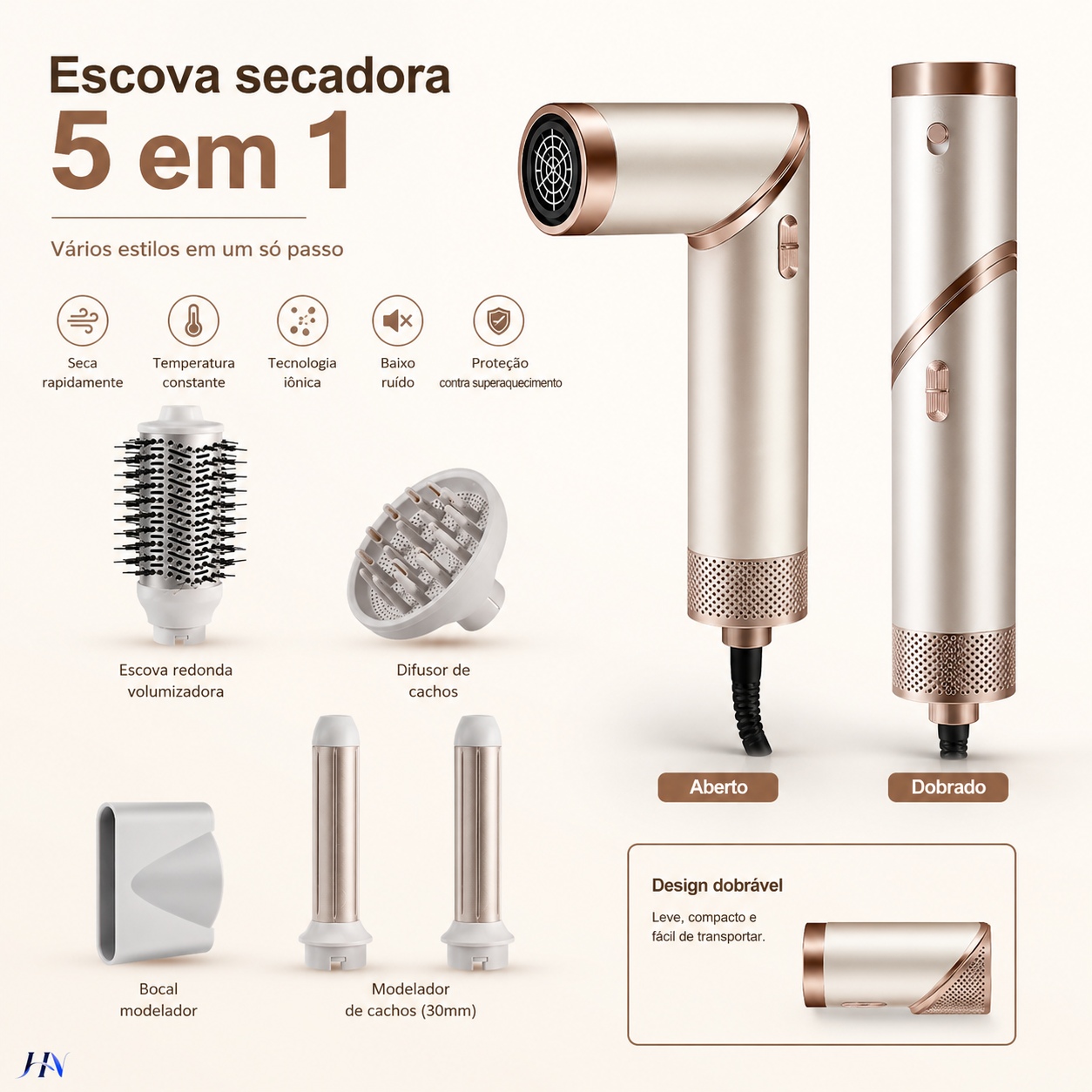 Secador Modelador 5 em 1 AirStyle Pro – Íons Negativos, Cabo Dobrável e Acessórios Multifuncionais