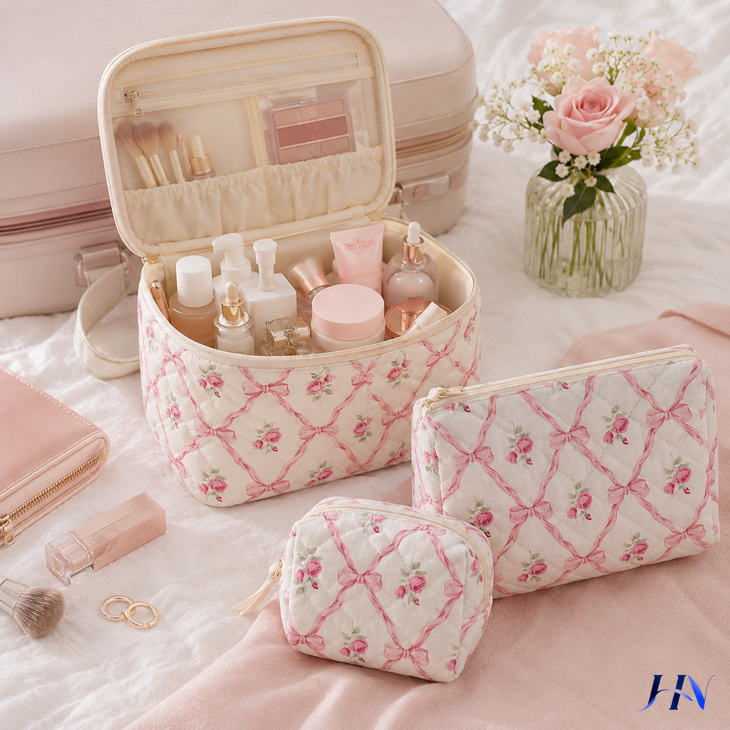 Nécessaire Matelassê Floral com Laços – Bolsa Organizadora Feminina