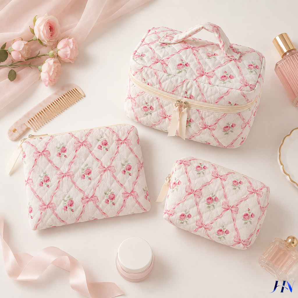 Nécessaire Matelassê Floral com Laços – Bolsa Organizadora Feminina
