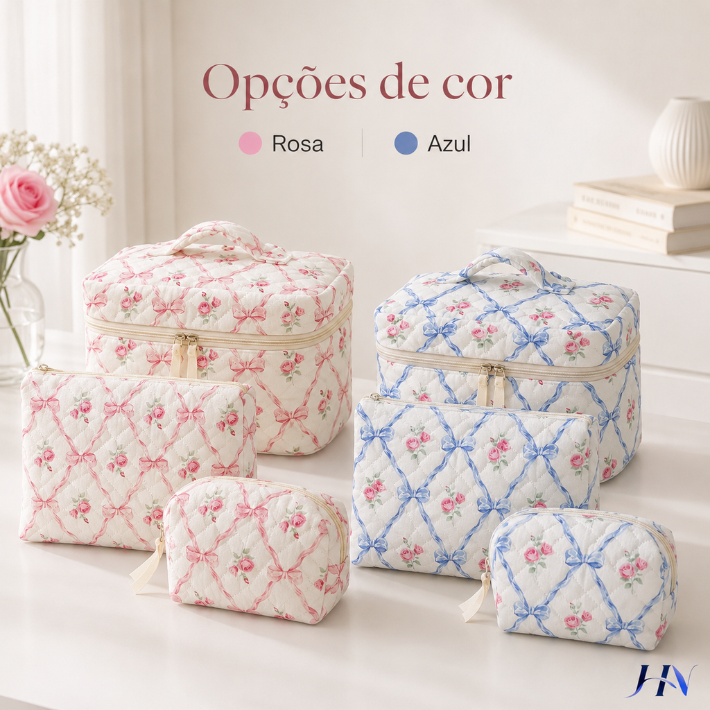 Nécessaire Matelassê Floral com Laços – Bolsa Organizadora Feminina