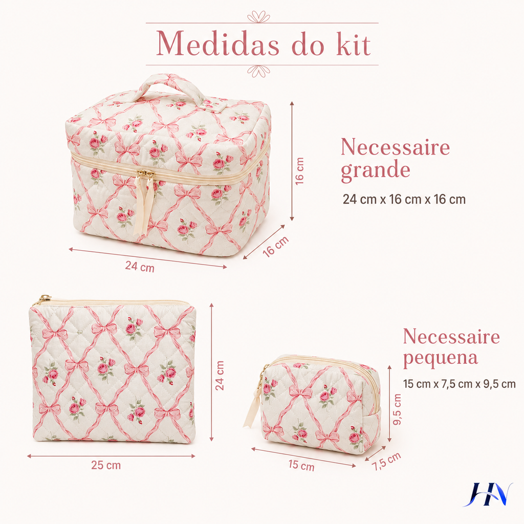 Nécessaire Matelassê Floral com Laços – Bolsa Organizadora Feminina
