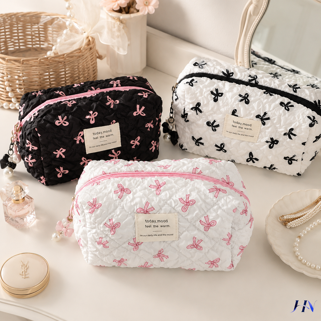 Nécessaire Feminina Compacta com Estampa de Laços – Bolsa Organizadora de Maquiagem