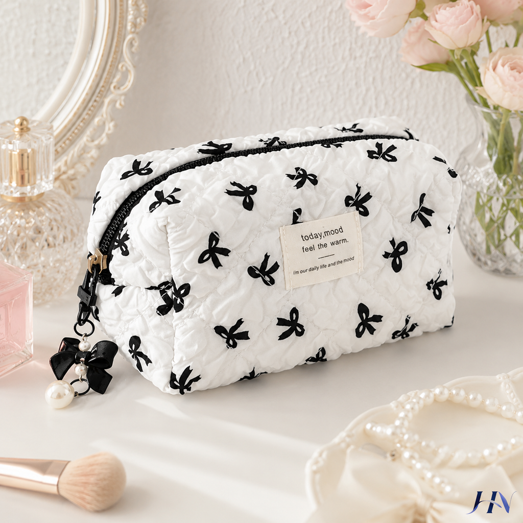 Nécessaire Feminina Compacta com Estampa de Laços – Bolsa Organizadora de Maquiagem
