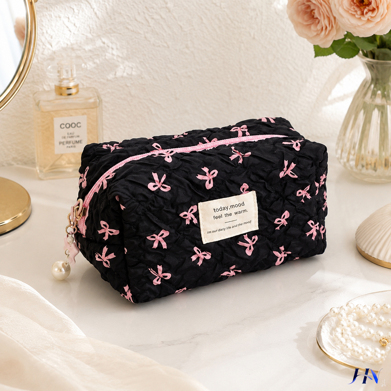 Nécessaire Feminina Compacta com Estampa de Laços – Bolsa Organizadora de Maquiagem
