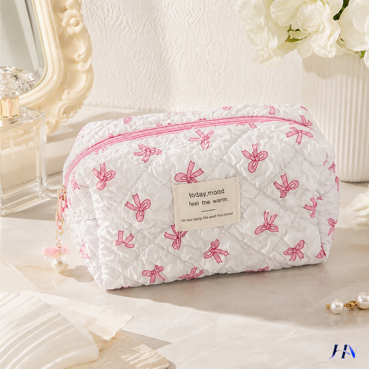 Nécessaire Feminina Compacta com Estampa de Laços – Bolsa Organizadora de Maquiagem