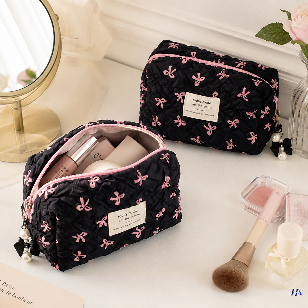 Nécessaire Feminina Compacta com Estampa de Laços – Bolsa Organizadora de Maquiagem