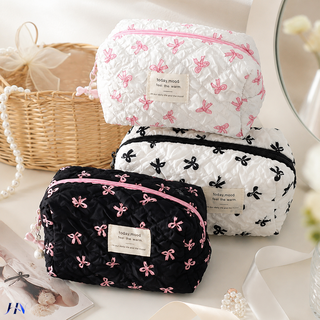 Nécessaire Feminina Compacta com Estampa de Laços – Bolsa Organizadora de Maquiagem