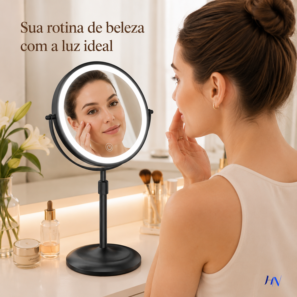 Espelho de Maquiagem Profissional GlamView 10X – LED 3 Cores, Rotação 360° e Bateria Recarregável