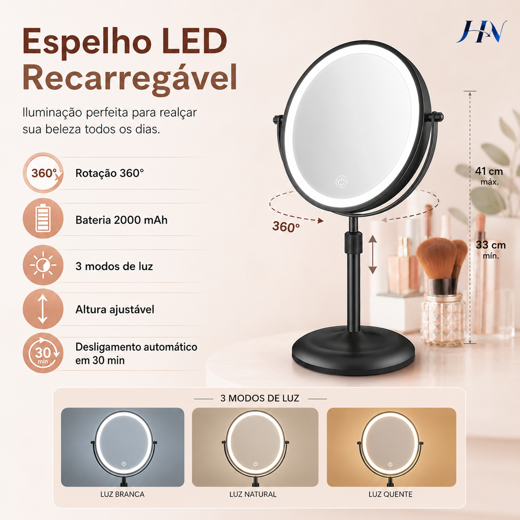 Espelho de Maquiagem Profissional GlamView 10X – LED 3 Cores, Rotação 360° e Bateria Recarregável