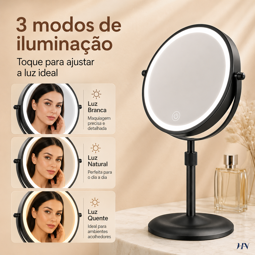 Espelho de Maquiagem Profissional GlamView 10X – LED 3 Cores, Rotação 360° e Bateria Recarregável