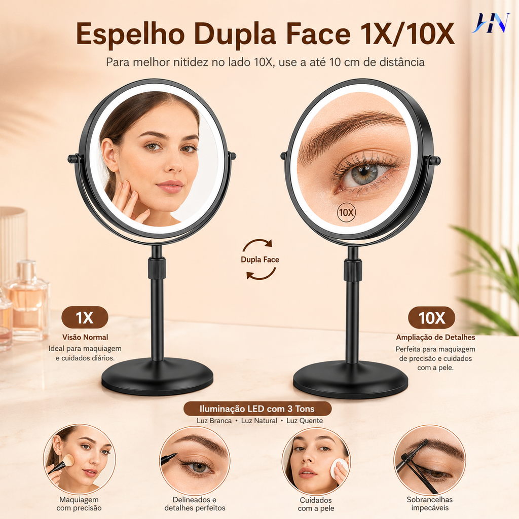 Espelho de Maquiagem Profissional GlamView 10X – LED 3 Cores, Rotação 360° e Bateria Recarregável
