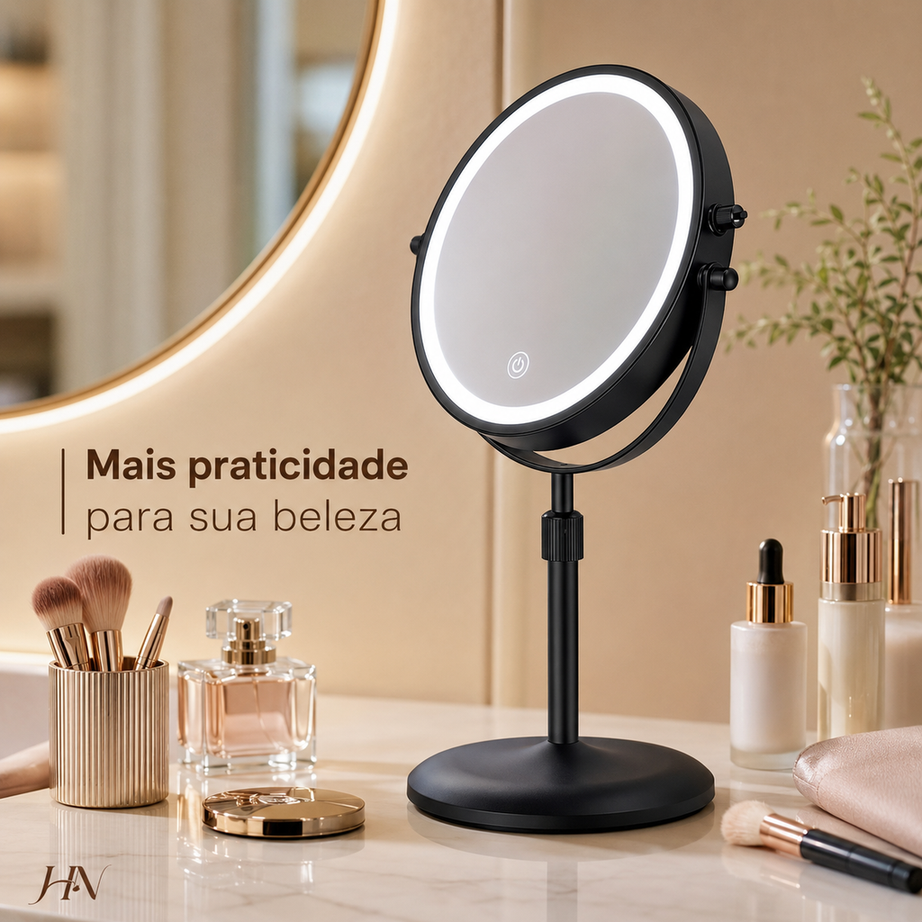Espelho de Maquiagem Profissional GlamView 10X – LED 3 Cores, Rotação 360° e Bateria Recarregável