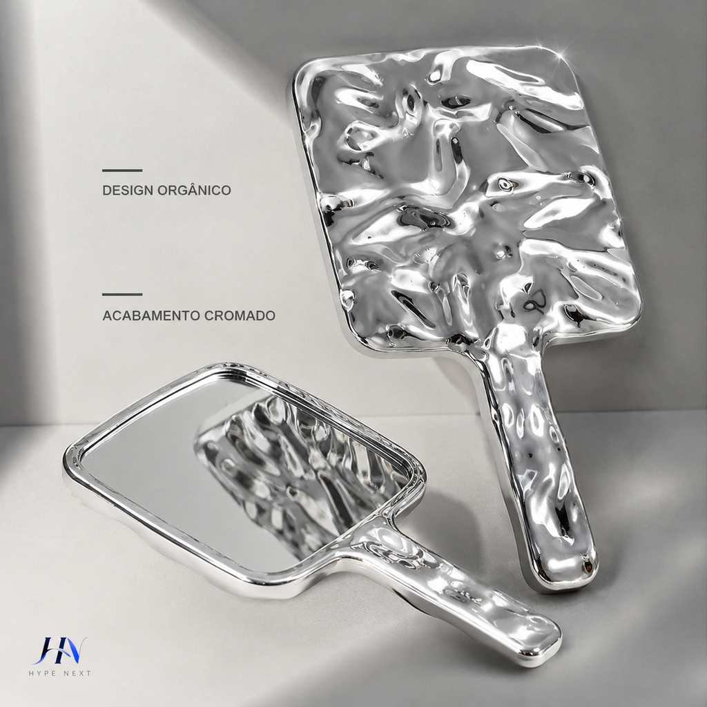 Espelho de Mão Premium Liquid Vanity – Design Cromado para Maquiagem, Cílios e Salão