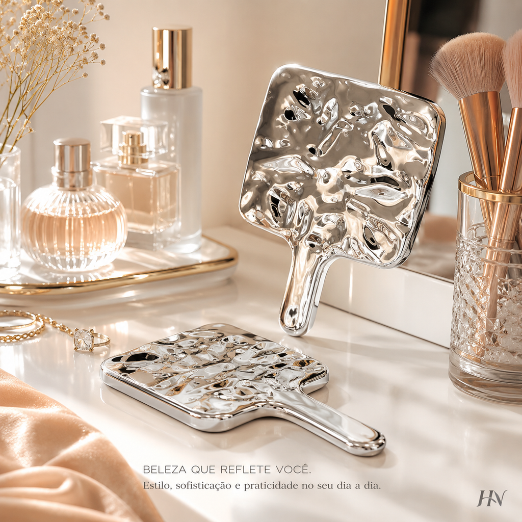 Espelho de Mão Premium Liquid Vanity – Design Cromado para Maquiagem, Cílios e Salão