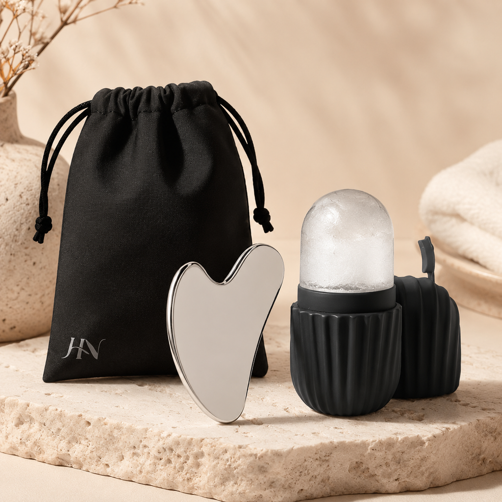 Kit Facial Ice Glow Gua Sha – Roller Gelado e Massageador Inox para Skincare Premium