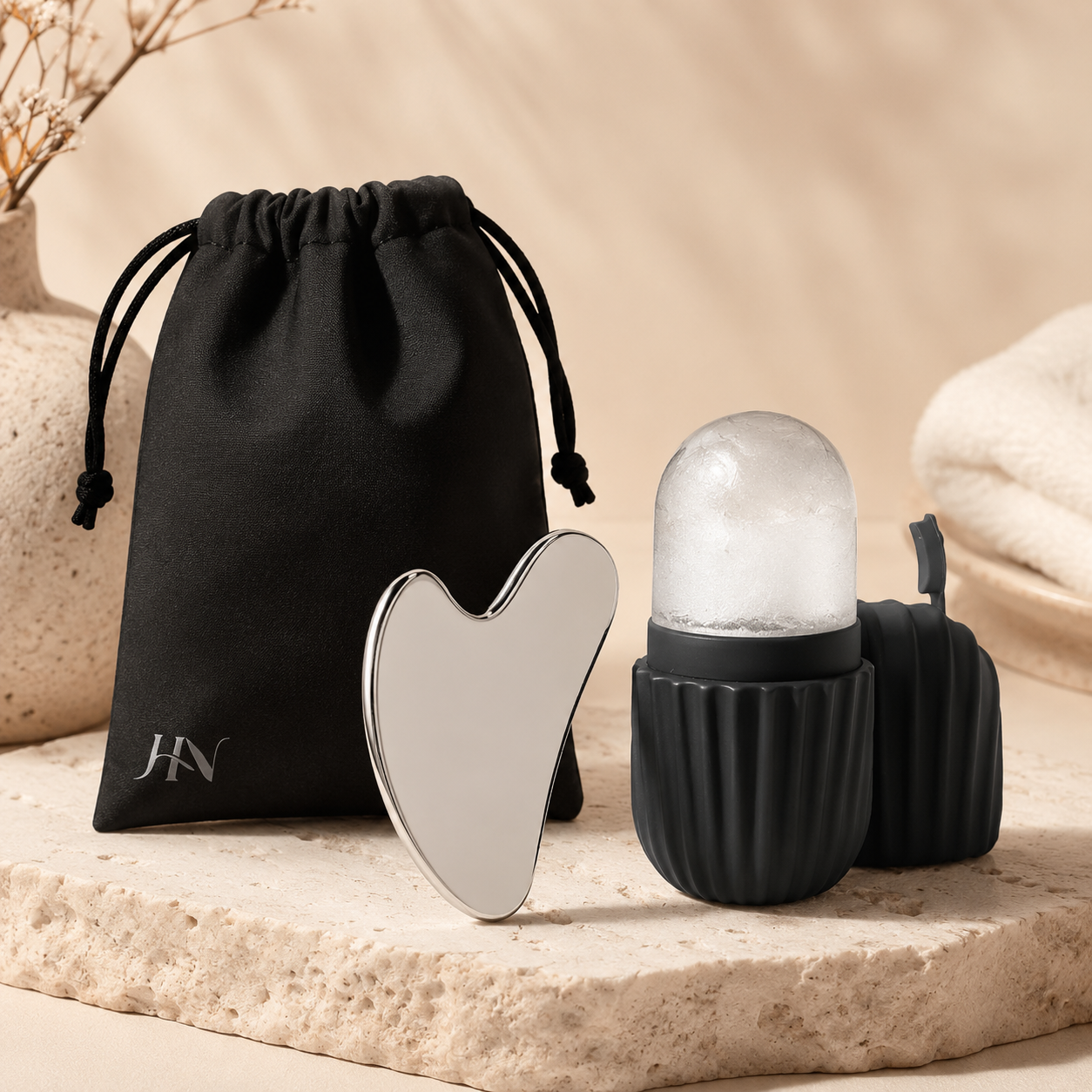 Kit Facial Ice Glow Gua Sha – Roller Gelado e Massageador Inox para Skincare Premium