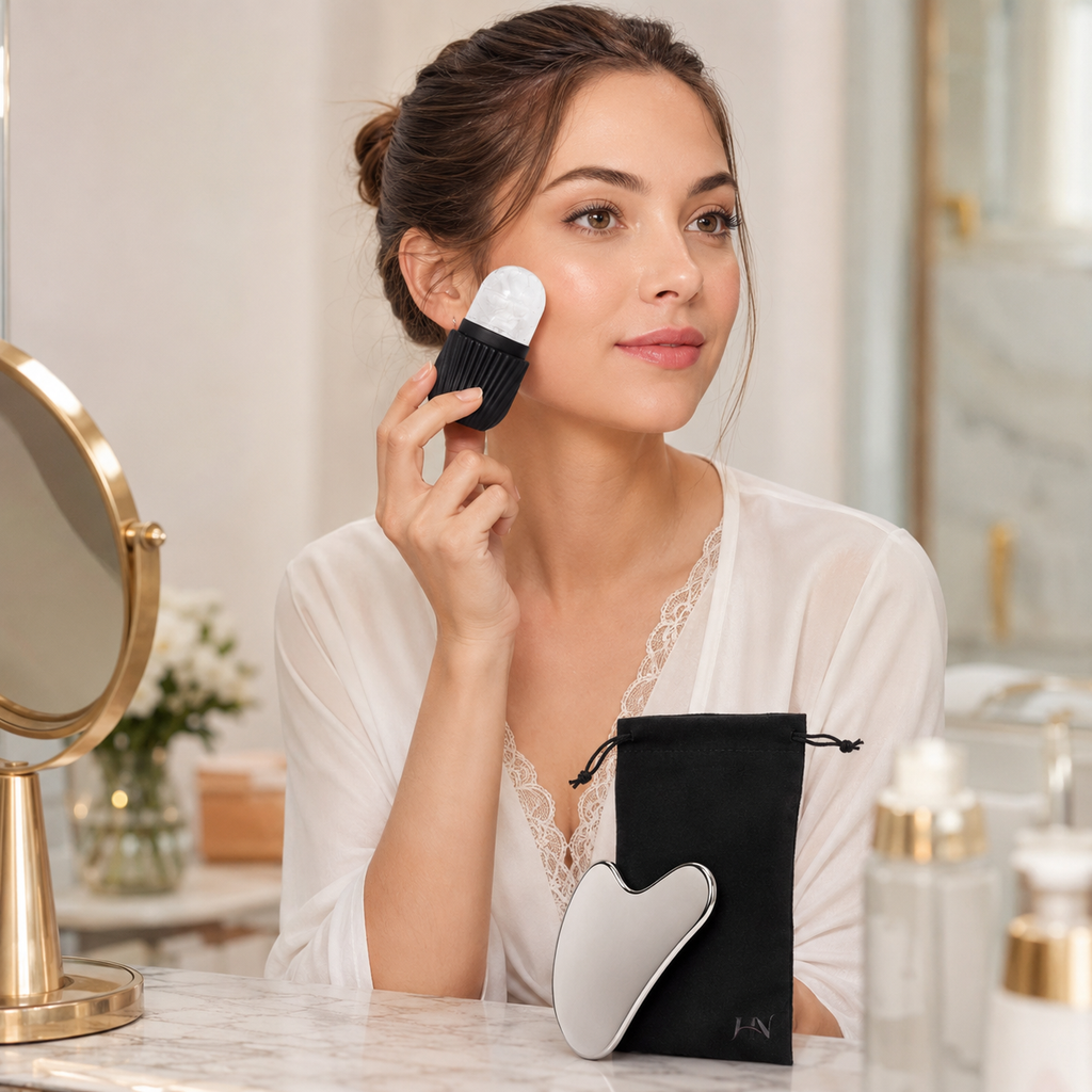Kit Facial Ice Glow Gua Sha – Roller Gelado e Massageador Inox para Skincare Premium