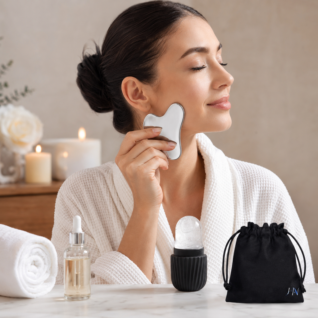 Kit Facial Ice Glow Gua Sha – Roller Gelado e Massageador Inox para Skincare Premium